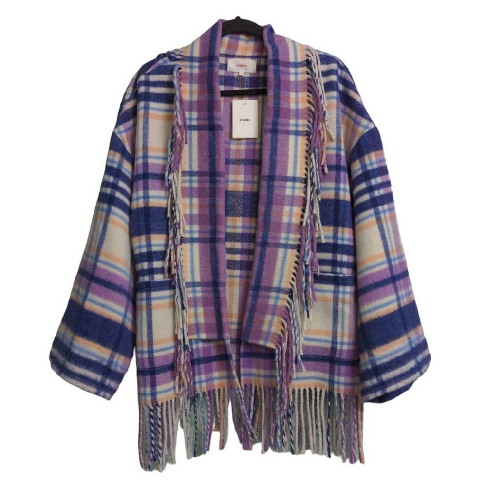 Xirena Womens Austyn Jacket Multicolor Purple Plaid Open Fringe Collar L New